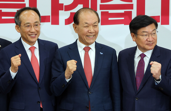 (왼쪽부터) 국민의힘 추경호 원내대표, 황우여 비상대책위원장, 정점식 정책위의장 등.연합뉴스
