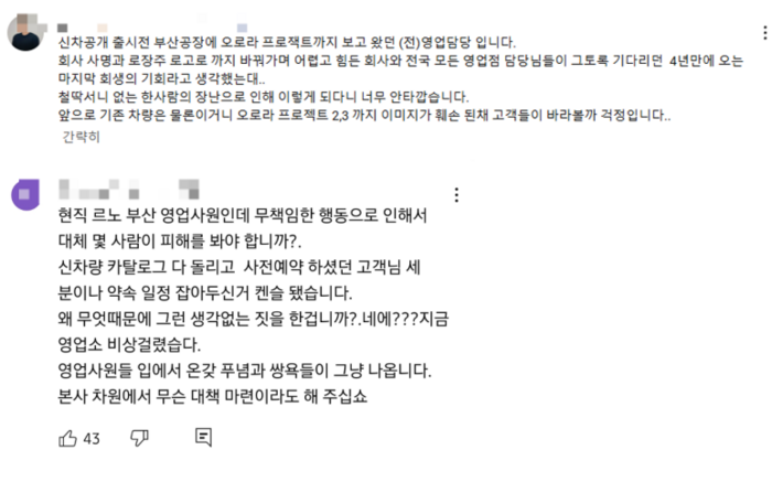 르노코리아 유튜브에 달린 영업사원 댓글. 사진=유튜브 캡쳐
