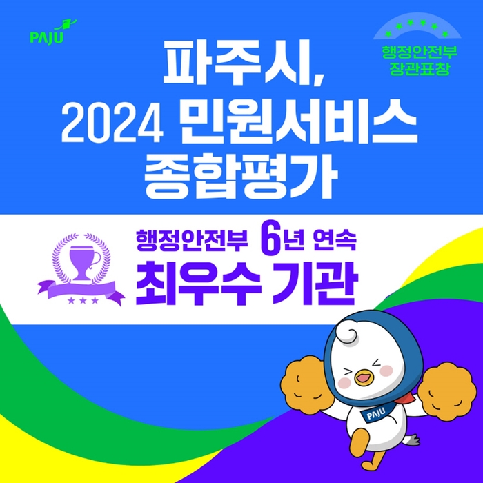 파주시 2024년 민원서비스 종합평가 최우수기관 선정