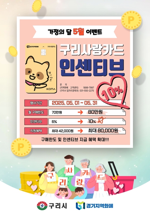 구리시 5월 가정의달 구리사랑상품권 인센티브 10% 확대 포스터