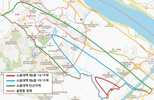현행 김포시 공항소음피해지역 소음등고선(2023년 1월1일 시행)