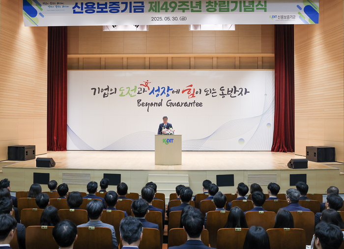최원목 신용보증기금 이사장이 30일 대구 본점에서 개최된 '창립 49주년 기념식'에서 기념사를 하고 있다.