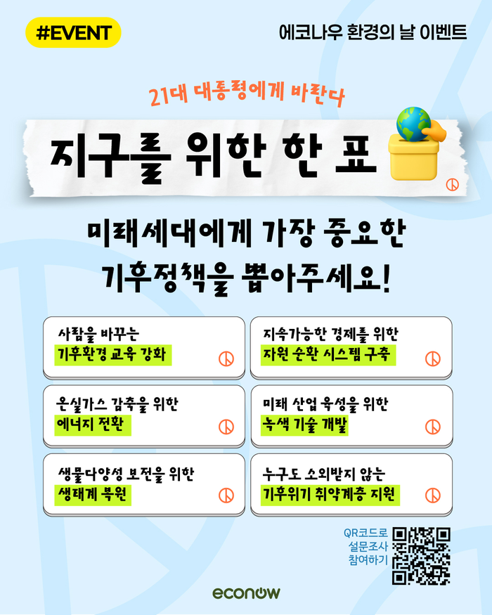 에코나우 '지구를 위한 한 표: 미래세대에게 중요한 기후정책은?' 설문조사 포스터. 에코나우