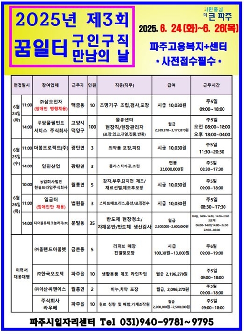 파주시 '2025년 제3회 구인-구직 만남의 날' 개최 배너
