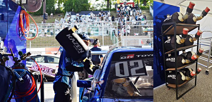 오네 레이싱(O-NE Racing) 팀 관계자가 HD현대오일뱅크의 고급 휘발유 브랜드 '카젠(KAZEN)'을 주유하는 모습(좌측)과 선반에 놓인 연료통. 사진=HD현대오