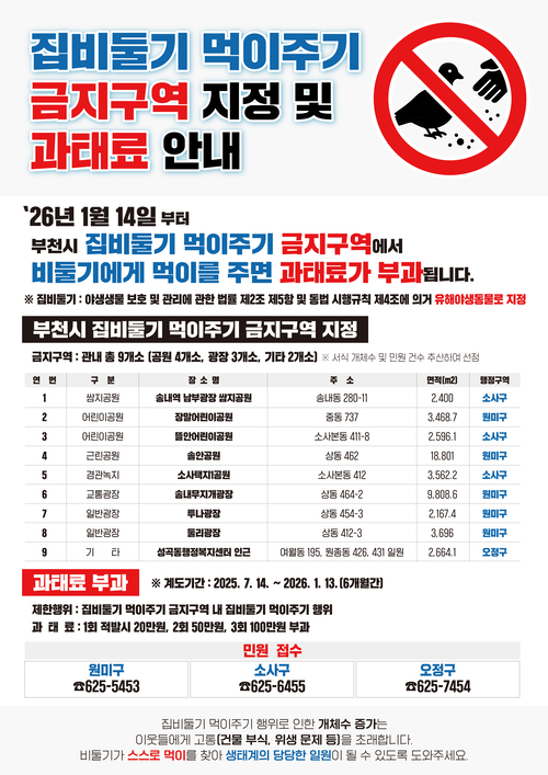 부천시 집비둘기 먹이주기 금지구역 지정 및 과태료 안내 배너