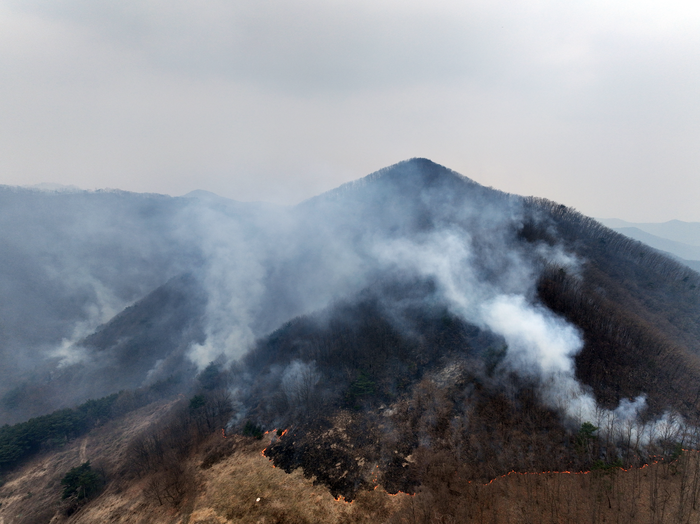 지난 3월 27일 경북 의성군 옥산면 금봉리 일대 산에 산불이 번져 나가고 있다. 연합뉴스