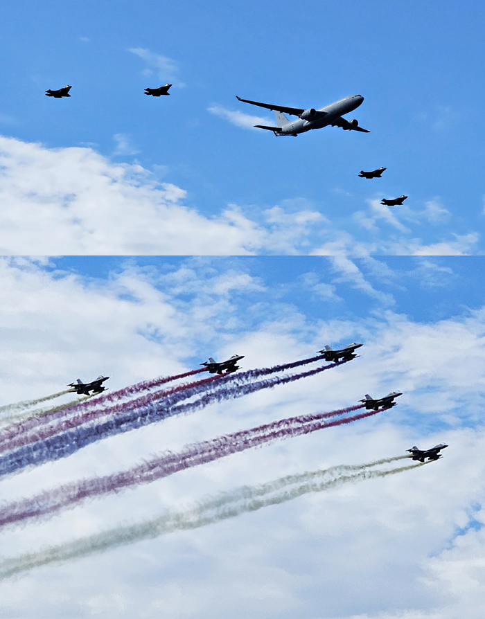 다목적 공중 급유 수송기 KC-330 시그너스가 스텔스 전투기 F-35A 편대와 비행 중인 모습. 사진=박규빈 기자