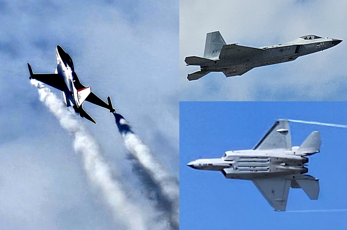 한국항공우주산업이 제작한 T-50과 KF-21이 성남 서울공항 상공을 비행하고 있다. 사진=박규빈 기자
