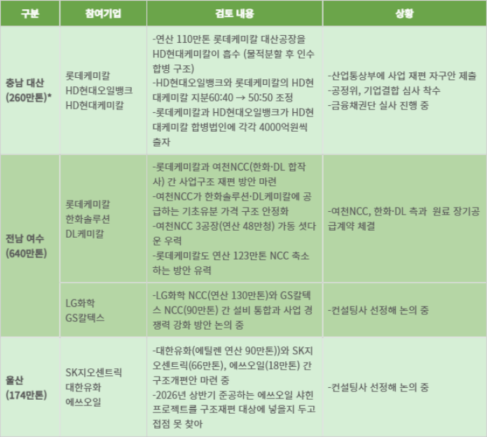 국내 석유화학산업 사업 재편 검토 내용과 현황