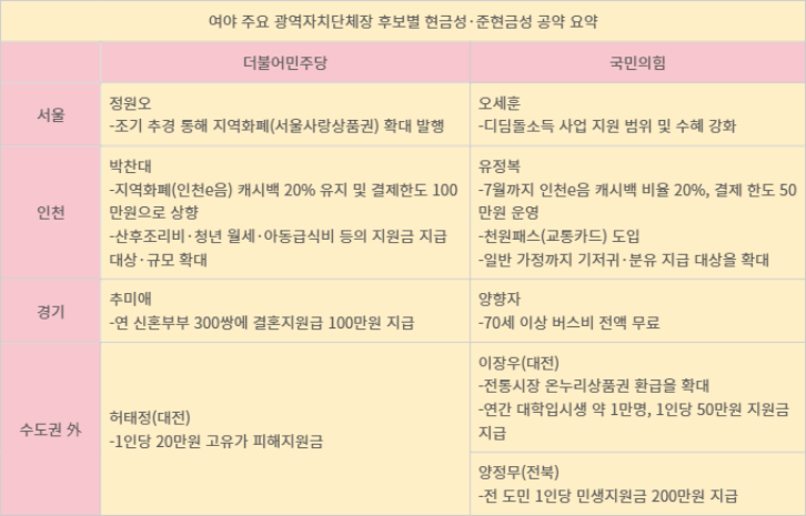 여야 주요 광역자치단체장 후보별 현금성·준현금성 공약 요약. 그래픽=조하니 기자