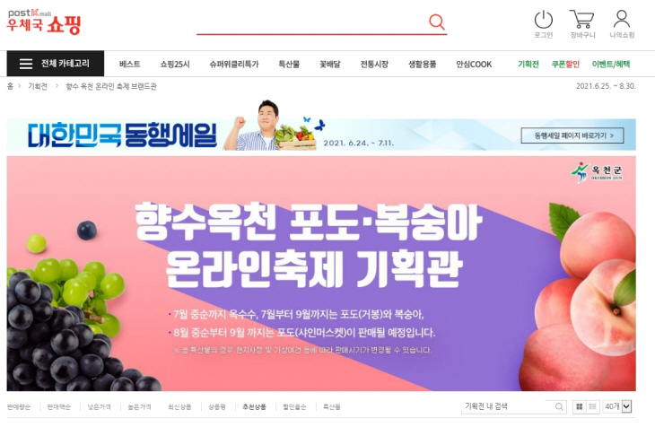 향수 옥천 포도,복숭아 온라인축제 기획전 화면