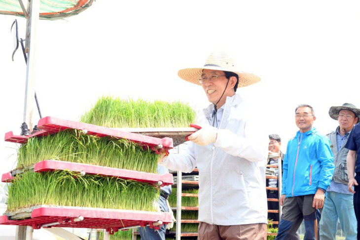 농민이 풍요로운 부자 농촌 모내기 장면