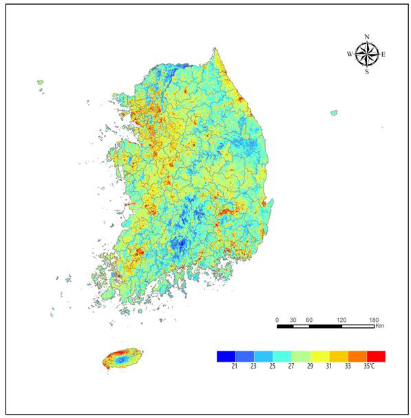 전국 여름철 지표온도지도