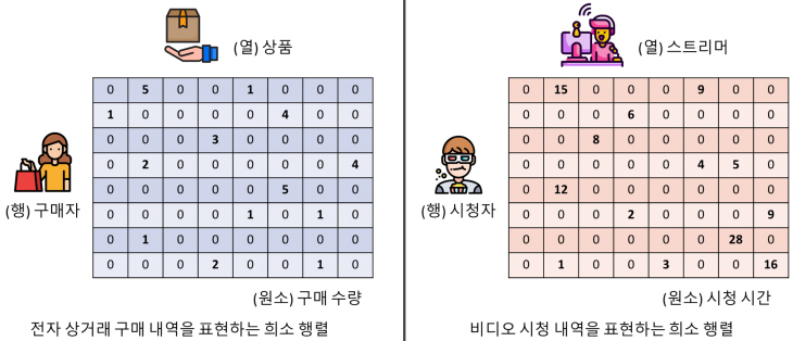 그림 1. 희소 행렬을 이용한 실세계 데이터 표현의 예시
