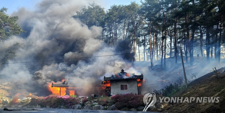 11일 오전 강원 강릉시 난곡동의 한 야산에서 불이 나 주택이