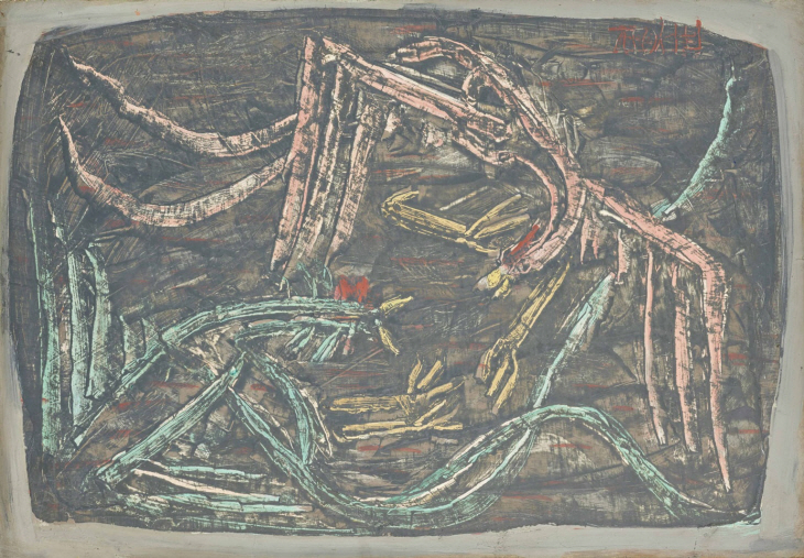 이중섭, 투계, 카드보드에 유채, 28.5×40.5cm, 1955