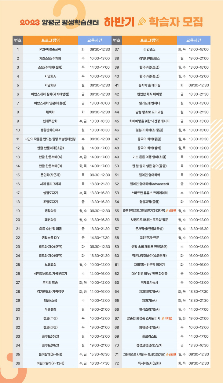 양평군 2023년 하반기 평생학습 프로그램 웹포스터