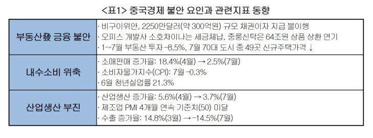 중국경제 불안 요인과 관련지표 동향