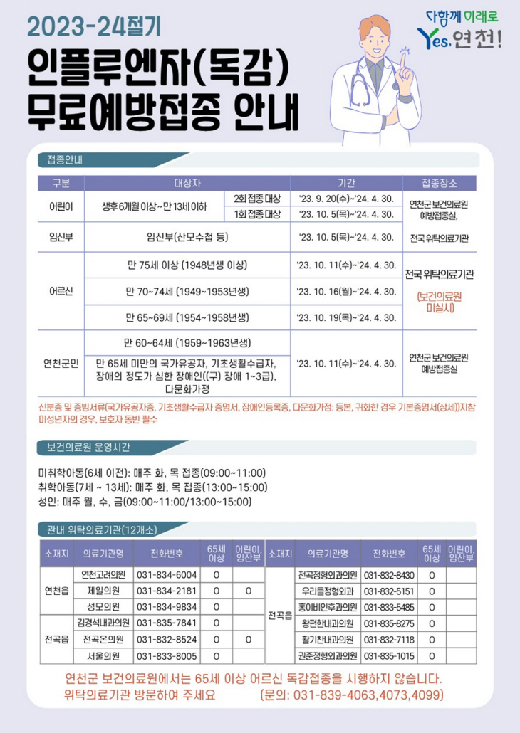 연천군 독감 무료 예방접종 실시 포스터