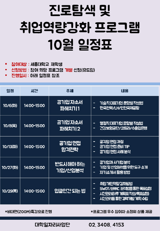 세종대 진로탐색 및 취업역량강화 프로그램