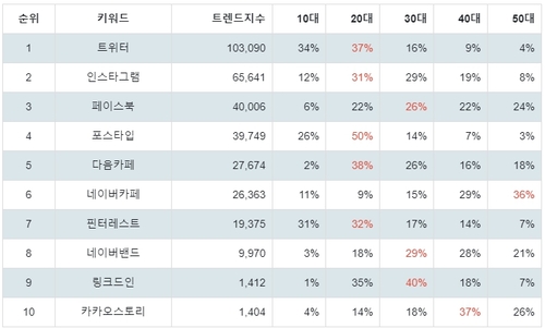 랭키파이 소셜 네트워크 사이트 연령별 분석 결과