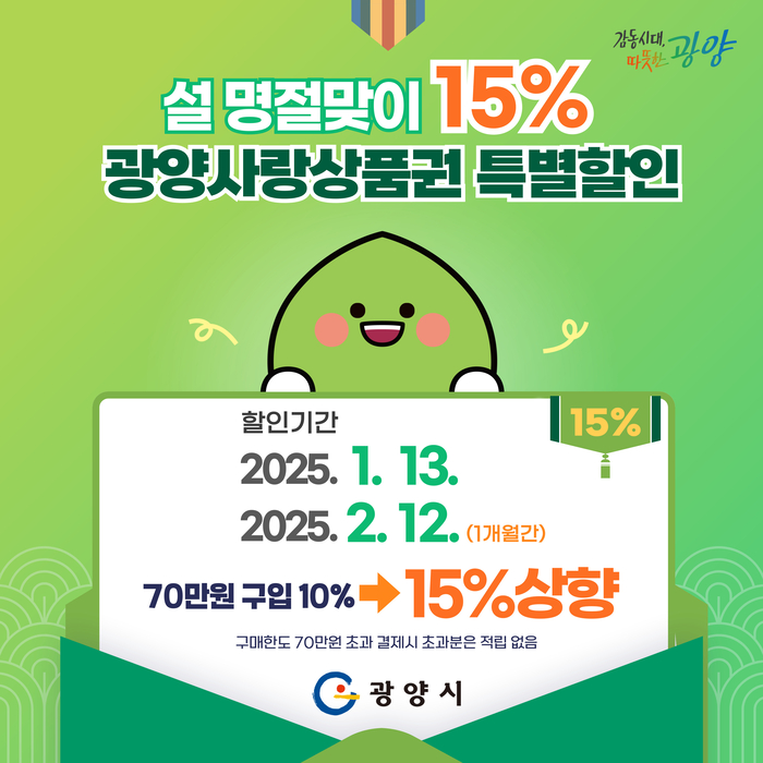광양시, 13일부터 광양사랑상품권 '15%' 할인 판매