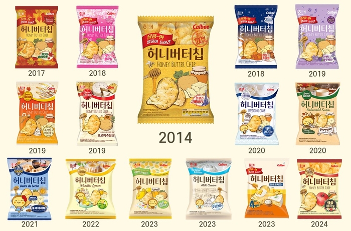 2014년 첫 선보인 허니버터칩 오리지널(가운데) 제품과 시즌 한정판 14종. 사진=해태제과
