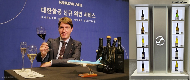 마크 알머트 보르 오 락 수석 소믈리에(좌측)와 기내용 와인 일부. 사진=박규빈 기자