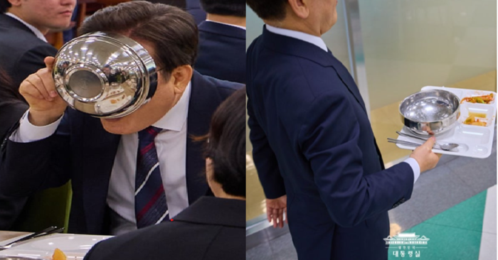 이재명 대통령이 지난 14일 충북 진천 국가공무원인재개발원에서 5급 신임 공무원 교육생들과 점심을 먹고 있다.