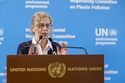 잉거 안데르센 유엔환경계획(UNEP) 사무총장이 15일 스위스 제네바에서 열린 5차 국제 플라스틱 협약(INC-5.2)이 결렬된 뒤 언론 브리핑을 하고 있다. EPA 연