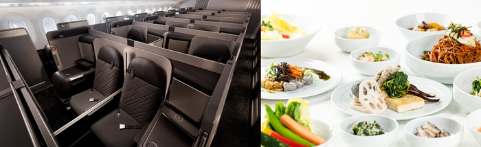 대한항공이 지난해 선보인 '프레스티지 스위트 2.0(Prestige Suites 2.0)' 좌석과 신선한 제철 식재료를 사용해 조리한 기내식. 사진=대한항공 제공