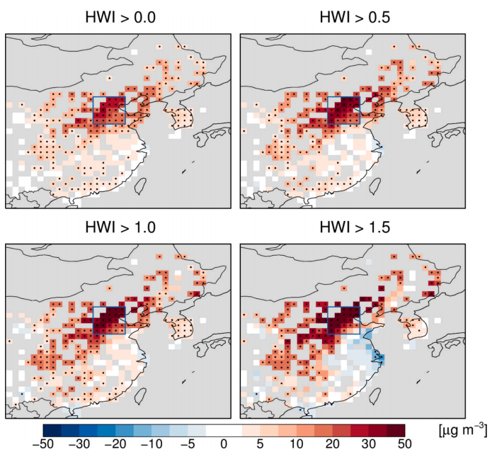 다양한 연무 기상  지수(HWI)에서 관측된 겨울철 PM2.5 농도 이상치. 겨울철 평균 초미세먼지 오염도에서 얼마나 벗어났는지를 색깔로 표시한 것이다. 초