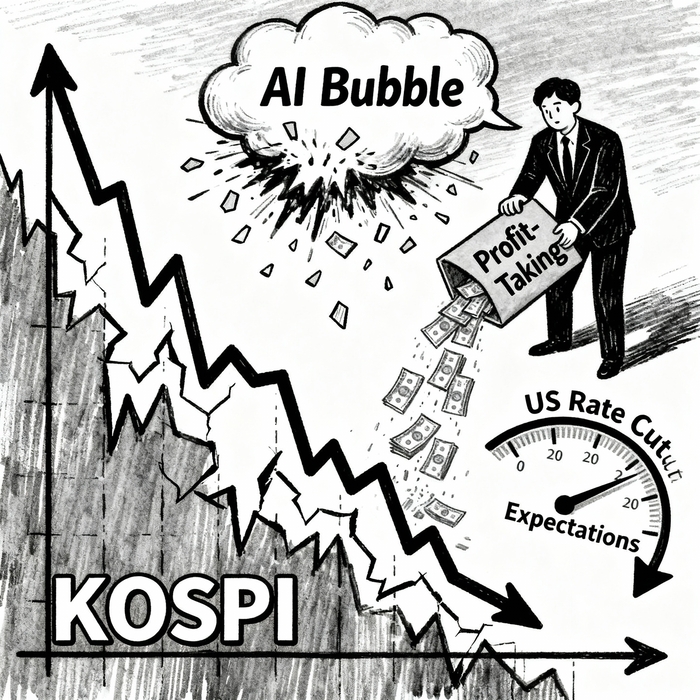 고공행진을 이어오던 코스피 지수가 AI버블 논란과 단기 급등에 따른 부담으로 지난주 하락 마감했다. 미국 금리 인하 기대감이 줄면서 이번주 증시 불