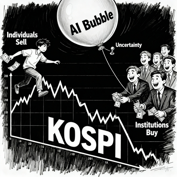AI 버블론이 확산하자 코스피가 조정을 보였다. 10일 코스피 시장에서 개인은 하락세에 순매도를 보이는 한편 기관은 '거품이 꺼지는 건전화'로 해석