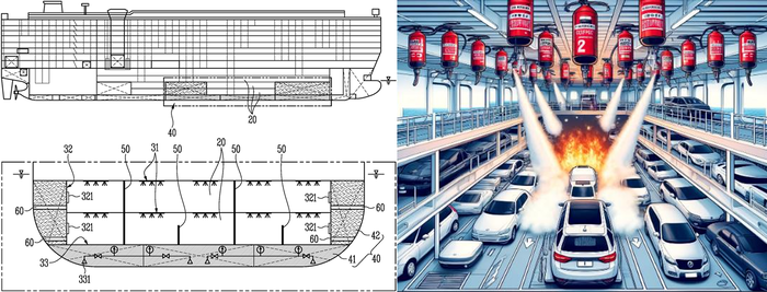 자동차 운반선(PCTC)의 측면도(좌측 상단)·전기차가 적재되는 차량 갑판에 격벽이 마련된 확대 정면도(좌측 하단)·차량 갑판에 설치된 소화 시스템(우