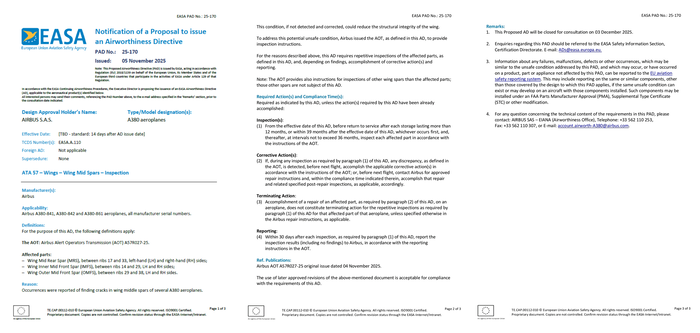 유럽항공안전청(EASA)이 지난 5일(현지시간) A380 기종의 날개 구조적 결함에 대해 발표한 제안 감항성 지침(Proposed Airworthiness Directive) 'PAD 25-170'. 자료=