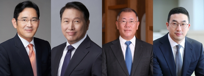 이재용 삼성전자 회장, 최태원 SK그룹 회장, 정의선 현대차그룹 회장, 구광모 LG그룹 회장(왼쪽부터).