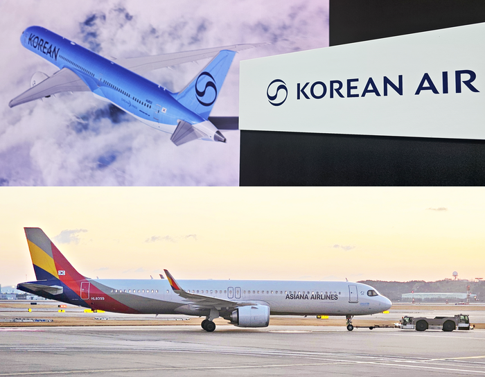 대한항공의 신규 기업 이미지(CI)와 이를 적용한 787-10(HL8515) 여객기(상단)와 아시아나항공 A321-200 neo(HL8399) 여객기가 이륙을 위해 이동하는 모습(하단).