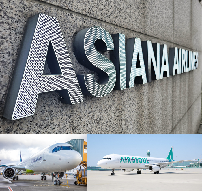 서울 강서구 오쇠동 아시아나항공 본사 입구 간판(상단)과 에어부산·에어서울 여객기(하단). 사진=박규빈 기자·에어부산·에어서울
