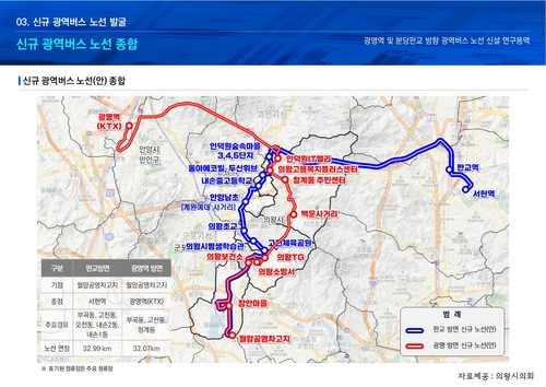 의왕시의회 연구모임이 제안한 의왕시에서 판교-분당-광명 방면 신규 광역버스 노선(안)