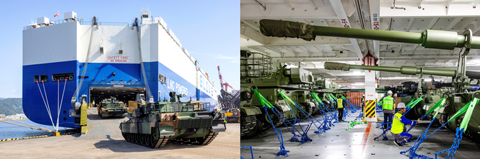 지난 9월 국내항에서 현대글로비스 자동차 운반선에 폴란드 수출되는 K-2 전차가 선적되고 있는 모습(좌측)과 선내 화물 데크에 K-9 자주포들이 선적된 