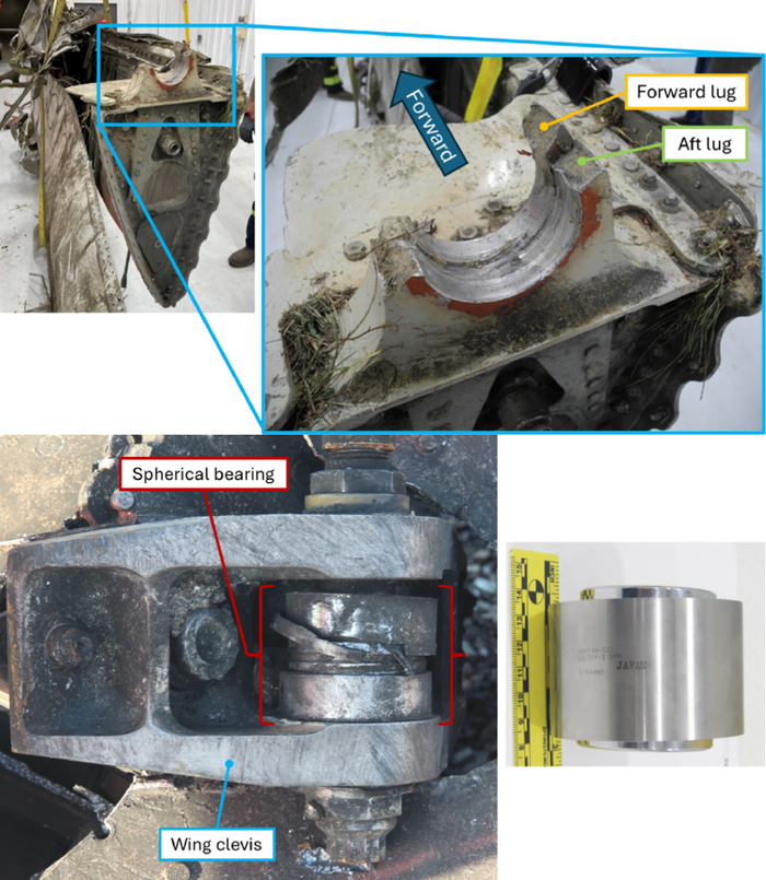 수거된 분리된 좌측 파일런(상단 좌측 이미지)과 좌측 파일런 후방 마운트의 파단된 전방·후방 러그(상단 우측 이미지). 사고 현장에서 발견된 좌측 윙
