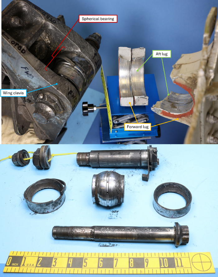 좌측 파일런 후방 마운트와 파단돼 분리된 전·후방 러그, 체결 부품과 파단된 스페리컬 베어링을 포함하고 있는 좌측 윙 클레비스(상단). 좌측 윙 클레