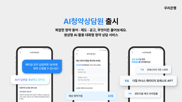 우리은행은 생성형 인공지능(AI) 기술을 청약 상담에 적용한 'AI청약상담원' 서비스를 24일 출시했다.