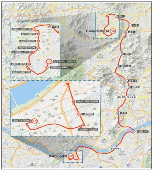 양주~강남고속버스터미널 광역버스 노선도