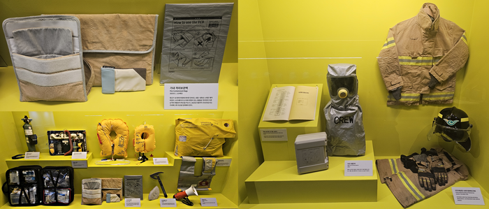 기내 안전 장비(좌측)와 인천국제공항 소방대가 사용 중인 화재 진압 장비. 사진=박규빈 기자