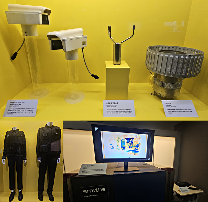 항공기상청이 사용했던 시정계(RVR, Runway Visual Rangingmeter)·초음파 풍향 풍속계·강수량계(상단)와 보안 검색 요원 근무복(하단 좌측)·엑스레이 검색 장