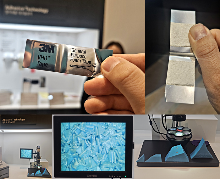 일반 폼 테이프와 VHB 테이프 비교(상단)와 큐비트론(Cubitron) 연마제 입자·모형. 사진=박규빈 기자