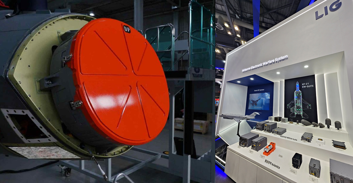 한국항공우주산업(KAI)가 제작한 KF-21 보라매 전투기 기수 부분에 탑재되는 한화시스템의 능동형 전자주사식 위상배열(AESA, Active Electronically Scanned Array)